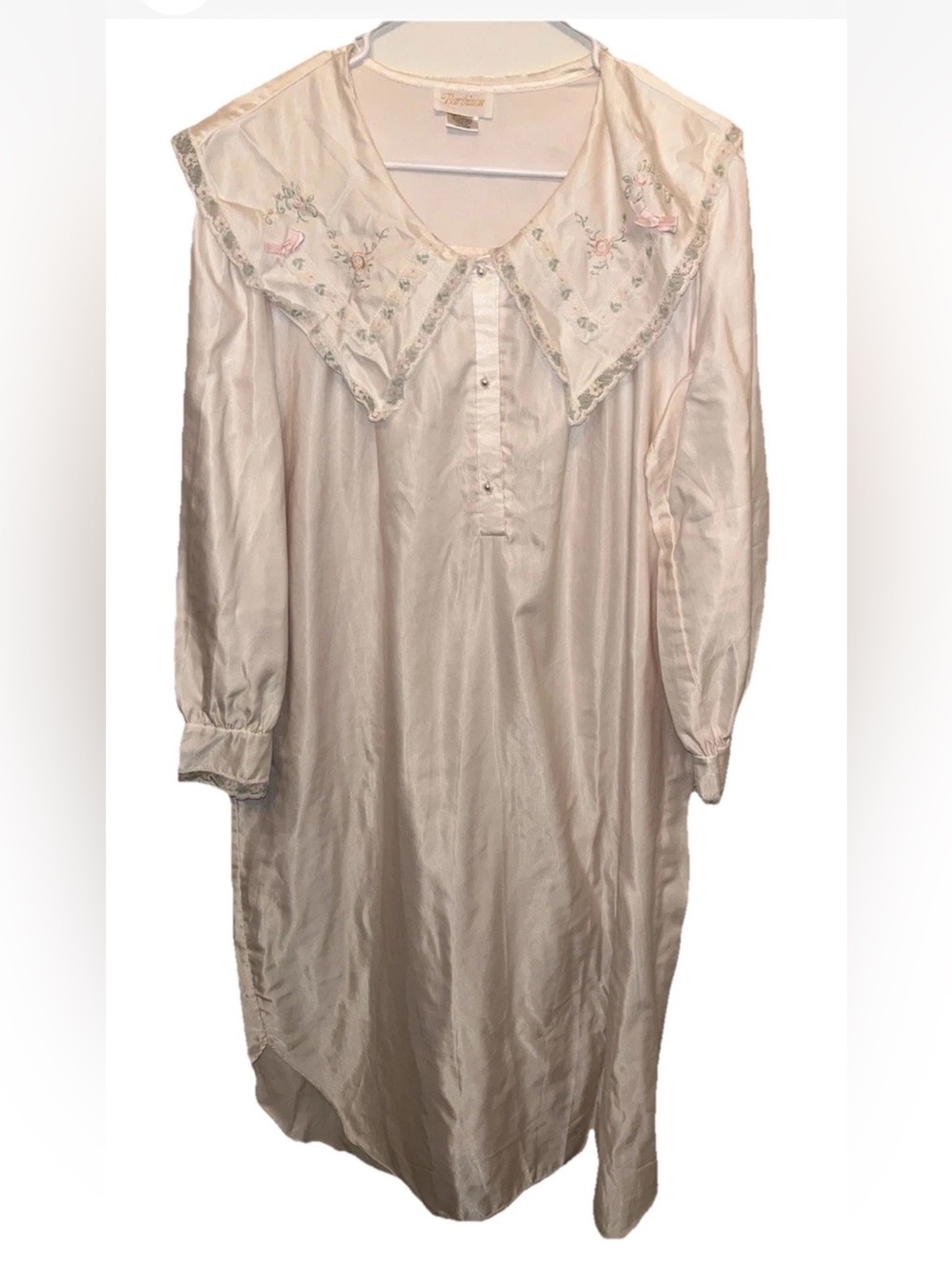 Barbizon Pink Satin-blend Nightgown Embroidered Floral Collar Lace Trim Size L